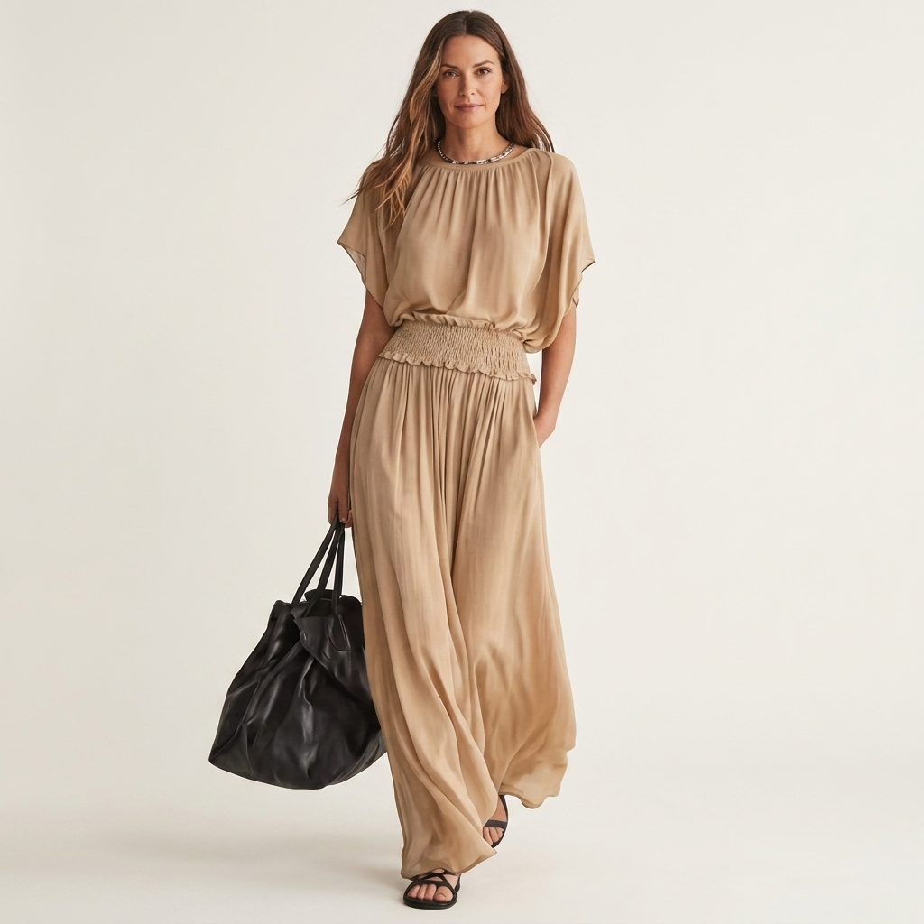 Becky | Batwing-Sleeve Smocked-Waist Fluid Maxi Dress