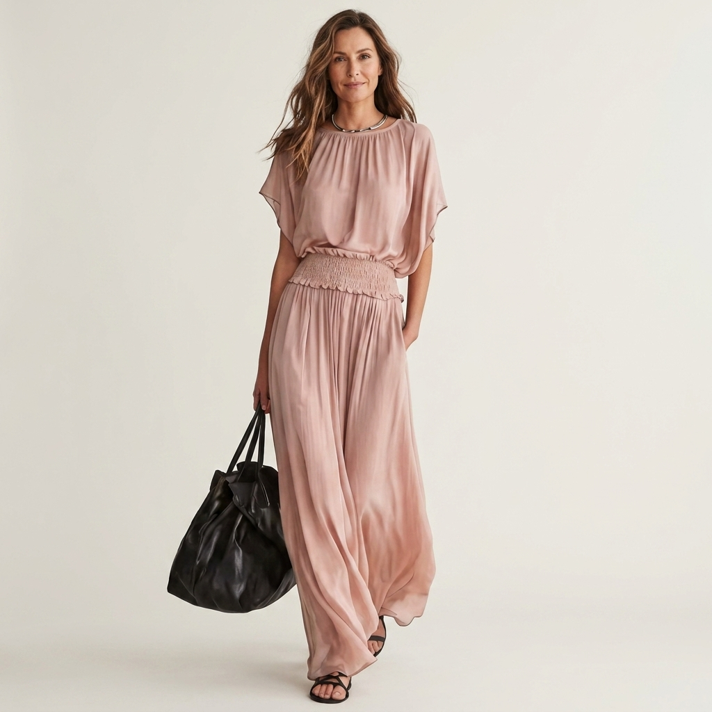 Becky | Batwing-Sleeve Smocked-Waist Fluid Maxi Dress