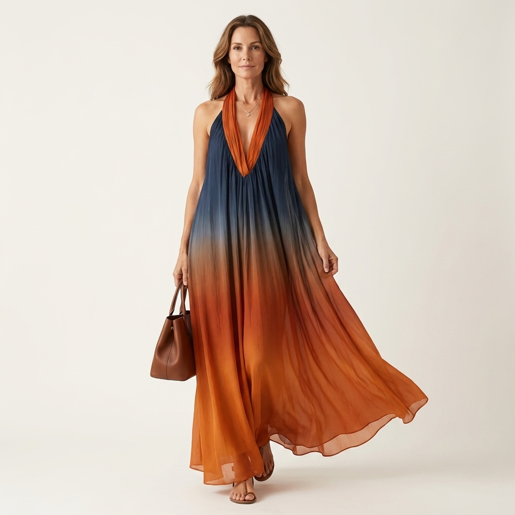 Marlinia | Deep V-Neck Halter Open-Back Ombré Maxi Dress