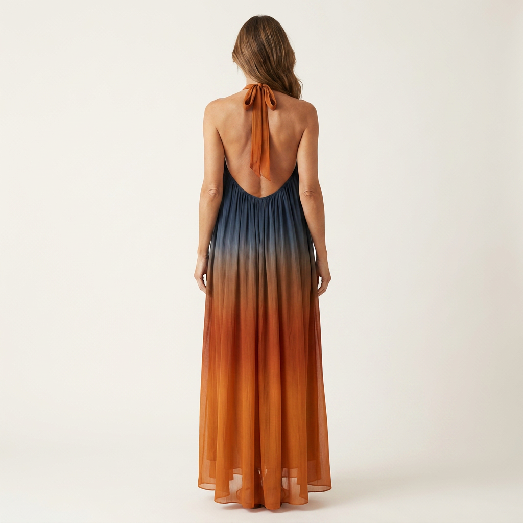 Marlinia | Deep V-Neck Halter Open-Back Ombré Maxi Dress