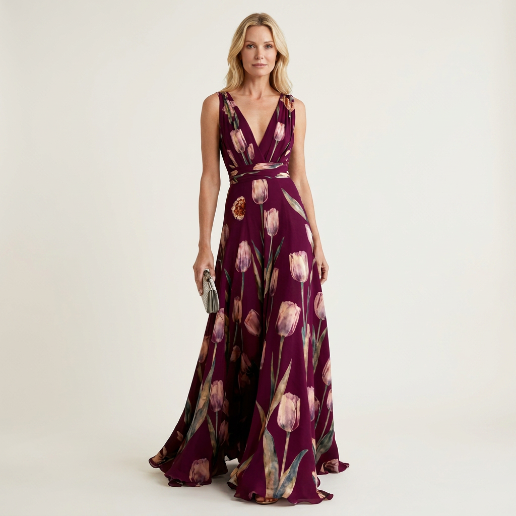 Cecille | Deep V-Neck Sleeveless Tulip-Print Chiffon Maxi Dress