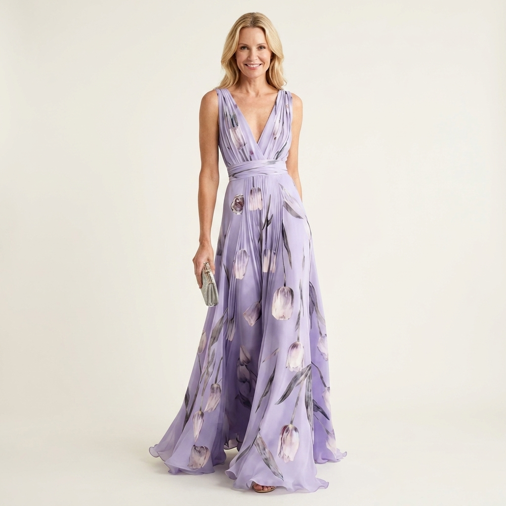 Cecille | Deep V-Neck Sleeveless Tulip-Print Chiffon Maxi Dress