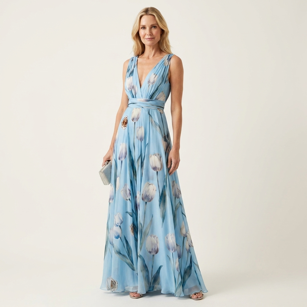 Cecille | Deep V-Neck Sleeveless Tulip-Print Chiffon Maxi Dress