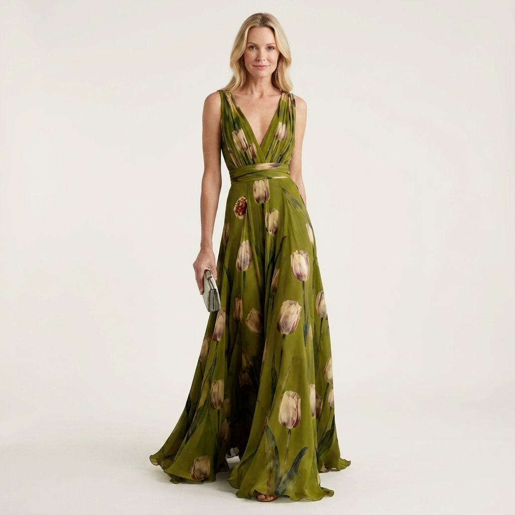 Cecille | Deep V-Neck Sleeveless Tulip-Print Chiffon Maxi Dress