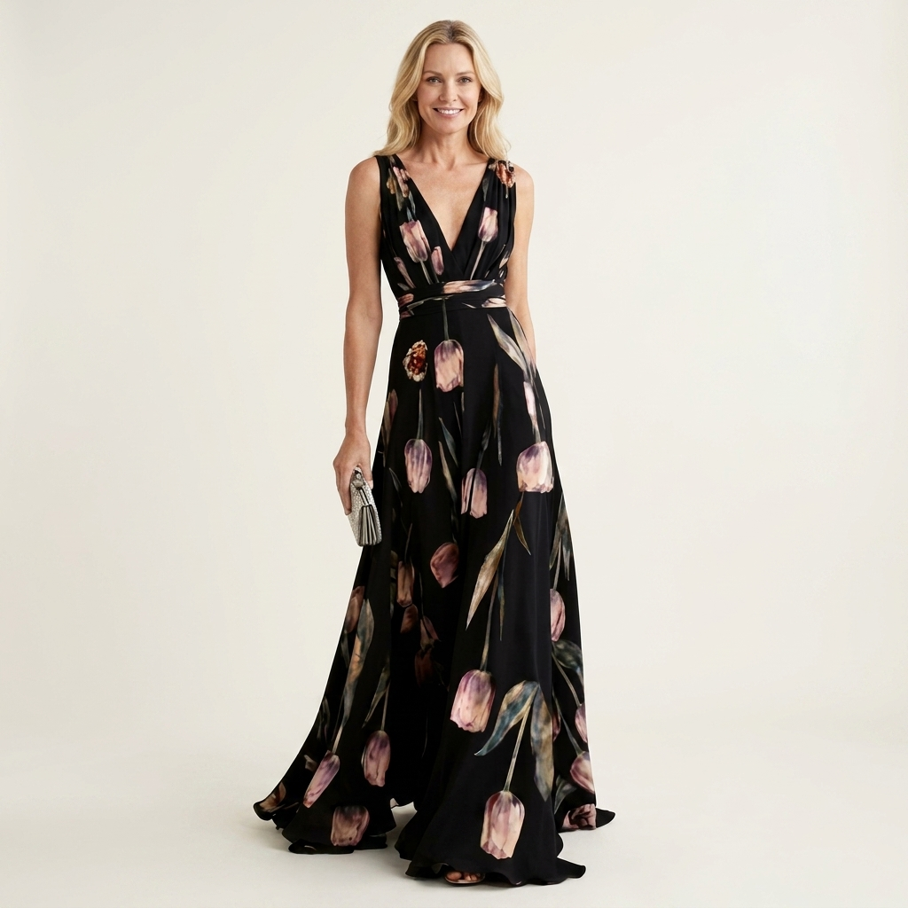 Cecille | Deep V-Neck Sleeveless Tulip-Print Chiffon Maxi Dress