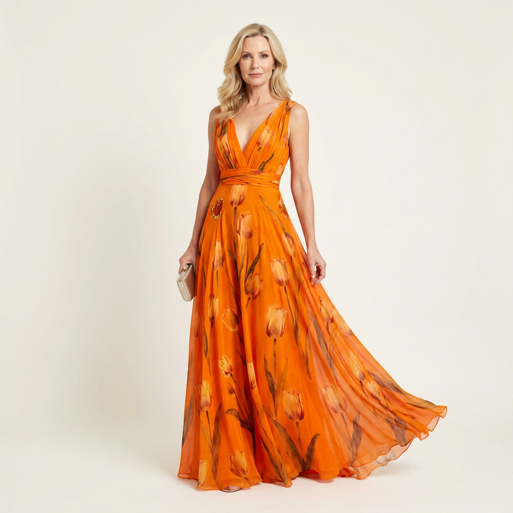 Cecille | Deep V-Neck Sleeveless Tulip-Print Chiffon Maxi Dress
