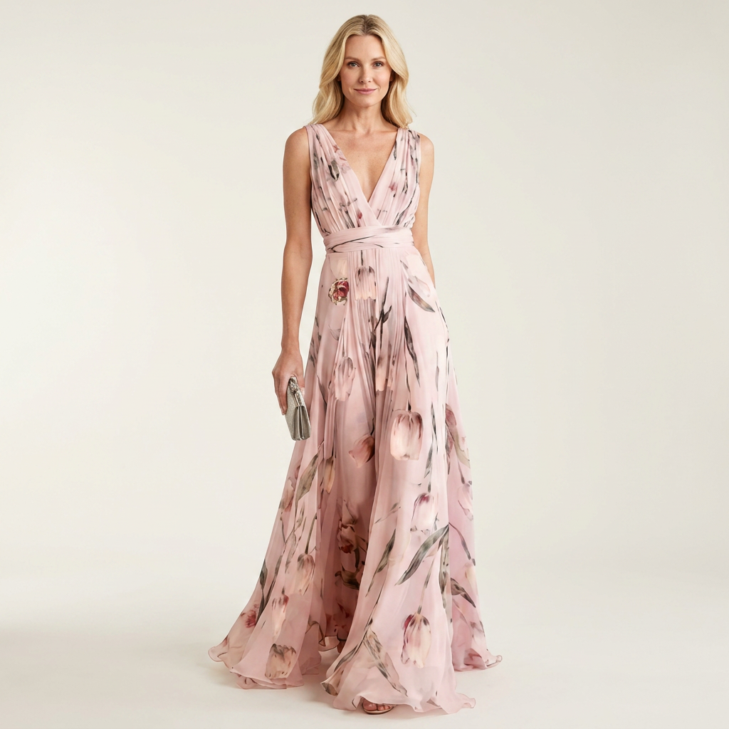 Cecille | Deep V-Neck Sleeveless Tulip-Print Chiffon Maxi Dress
