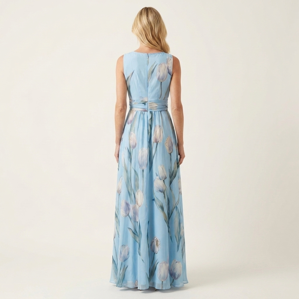 Cecille | Deep V-Neck Sleeveless Tulip-Print Chiffon Maxi Dress