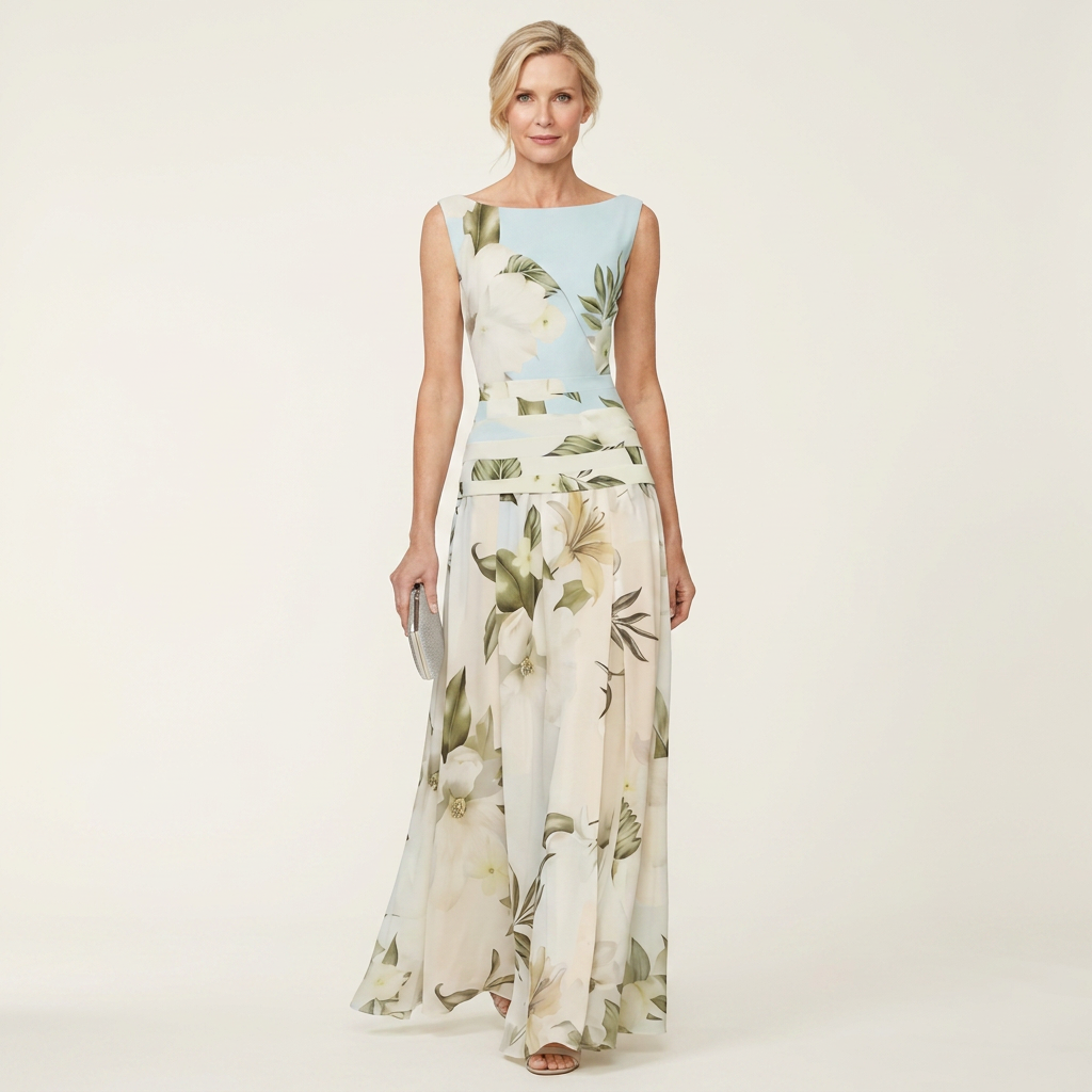 Amelda | Bateau-Neck Sleeveless Botanical Floral A-Line Maxi Dress