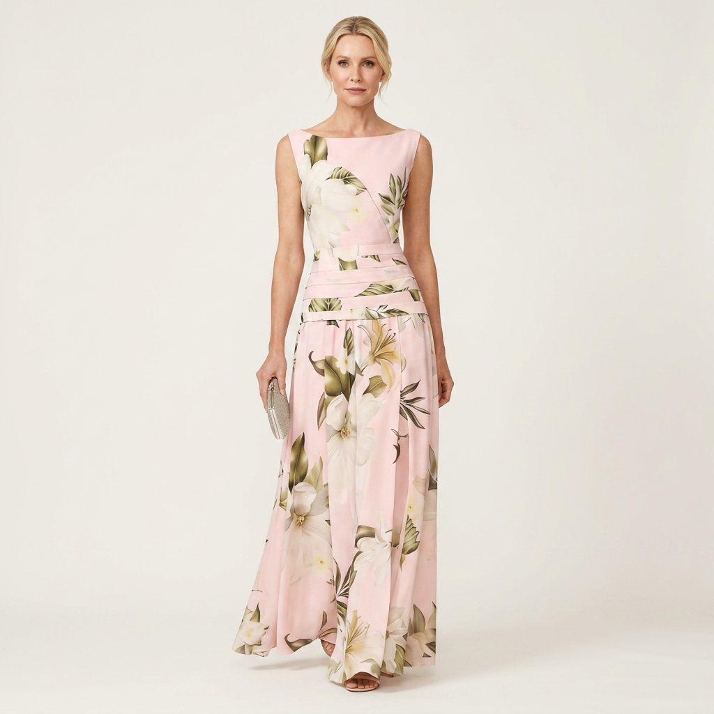 Amelda | Bateau-Neck Sleeveless Botanical Floral A-Line Maxi Dress