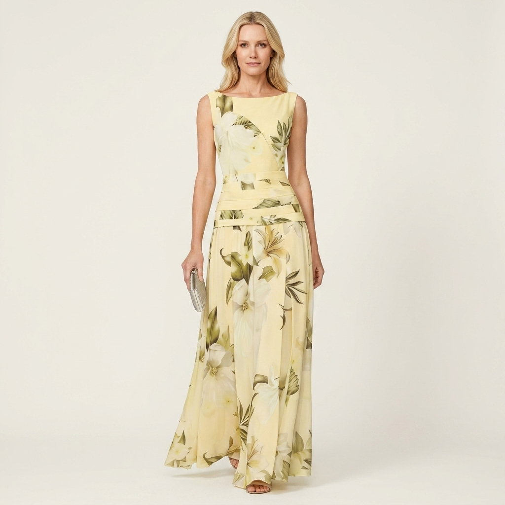 Amelda | Bateau-Neck Sleeveless Botanical Floral A-Line Maxi Dress