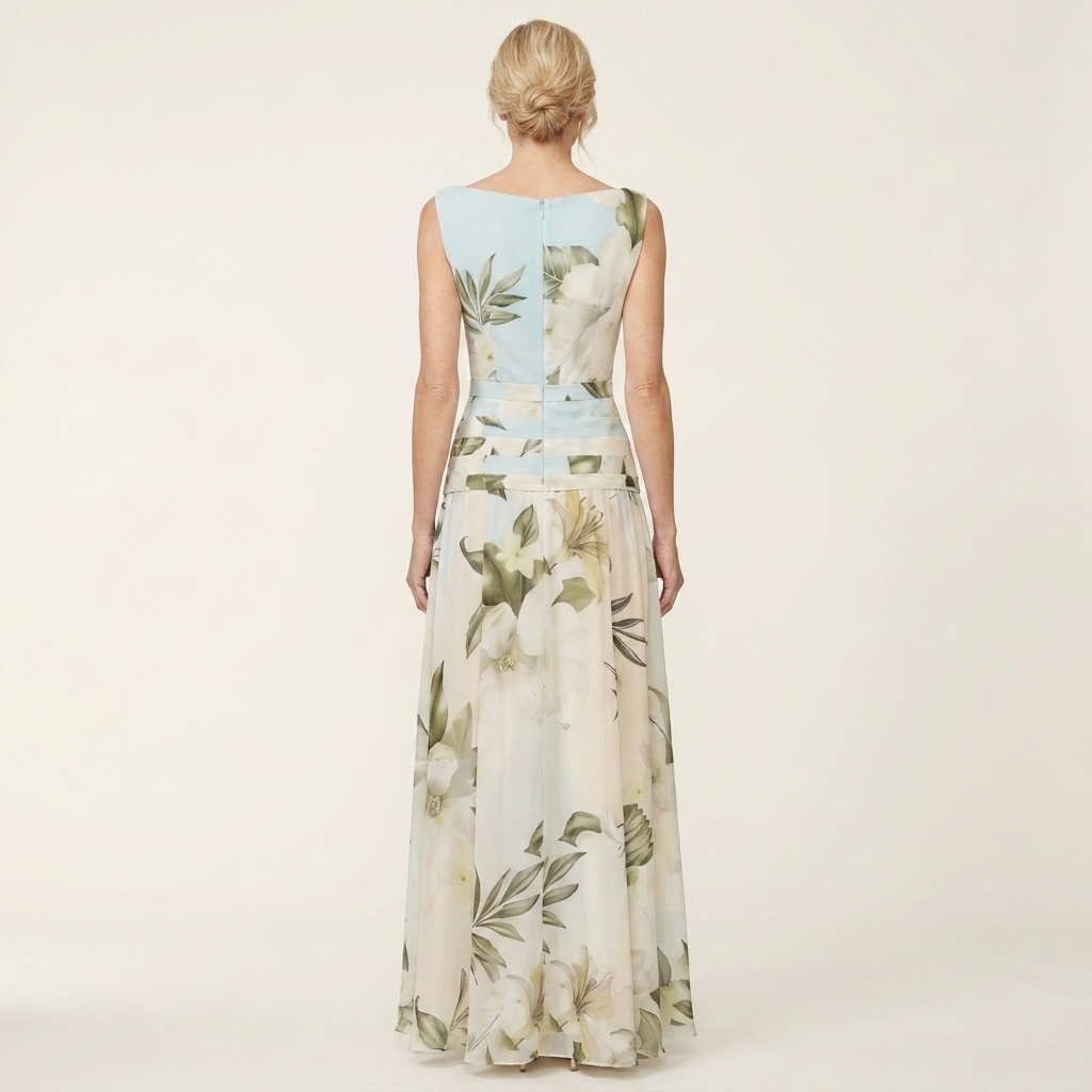 Amelda | Bateau-Neck Sleeveless Botanical Floral A-Line Maxi Dress