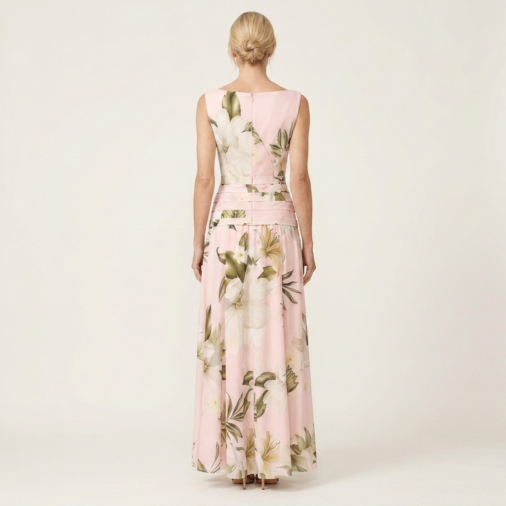 Amelda | Bateau-Neck Sleeveless Botanical Floral A-Line Maxi Dress