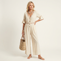 Kayle | Deep V-Neck Button-Front Lace-Trim Wide-Leg Jumpsuit
