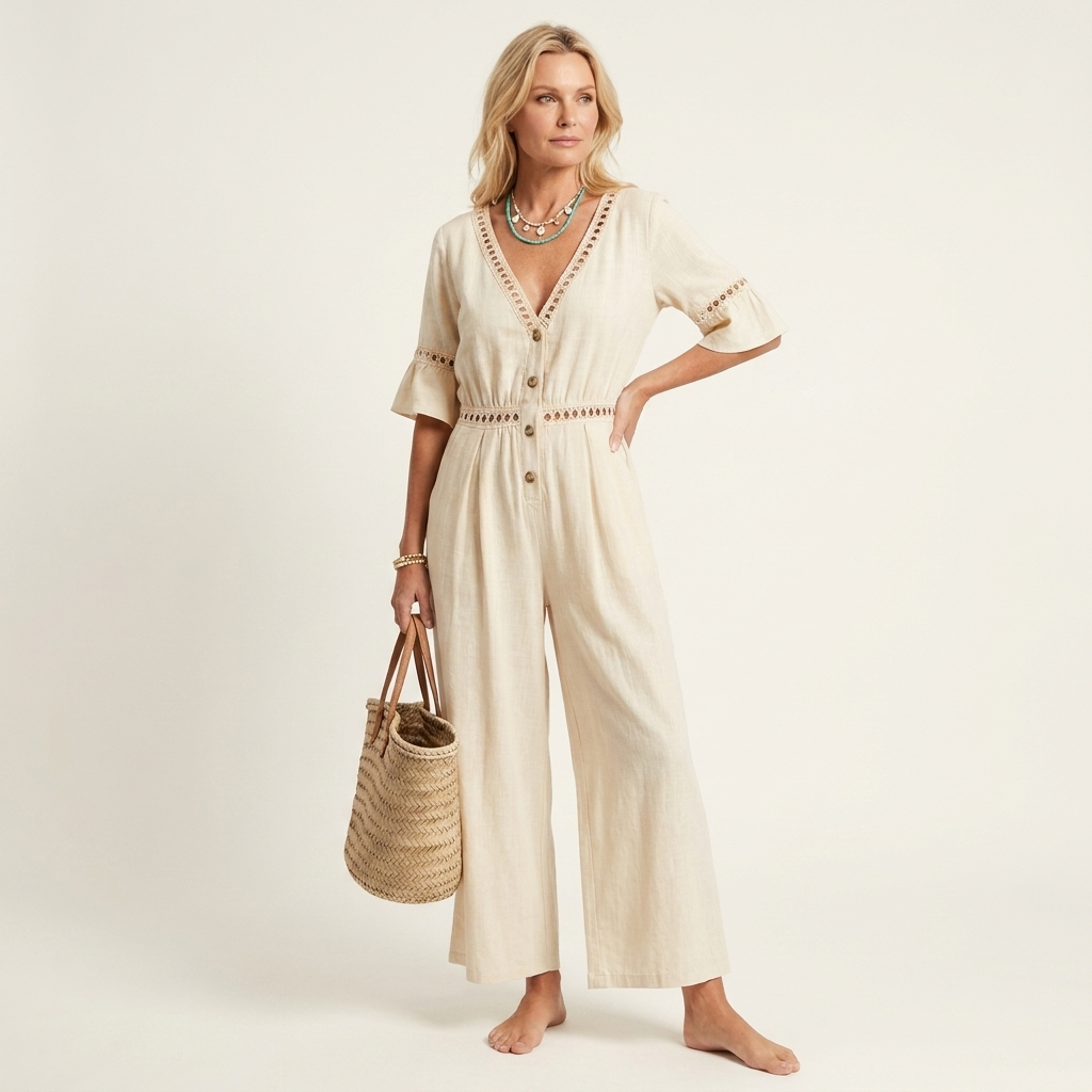 Kayle | Deep V-Neck Button-Front Lace-Trim Wide-Leg Jumpsuit