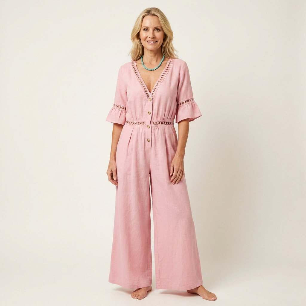 Kayle | Deep V-Neck Button-Front Lace-Trim Wide-Leg Jumpsuit