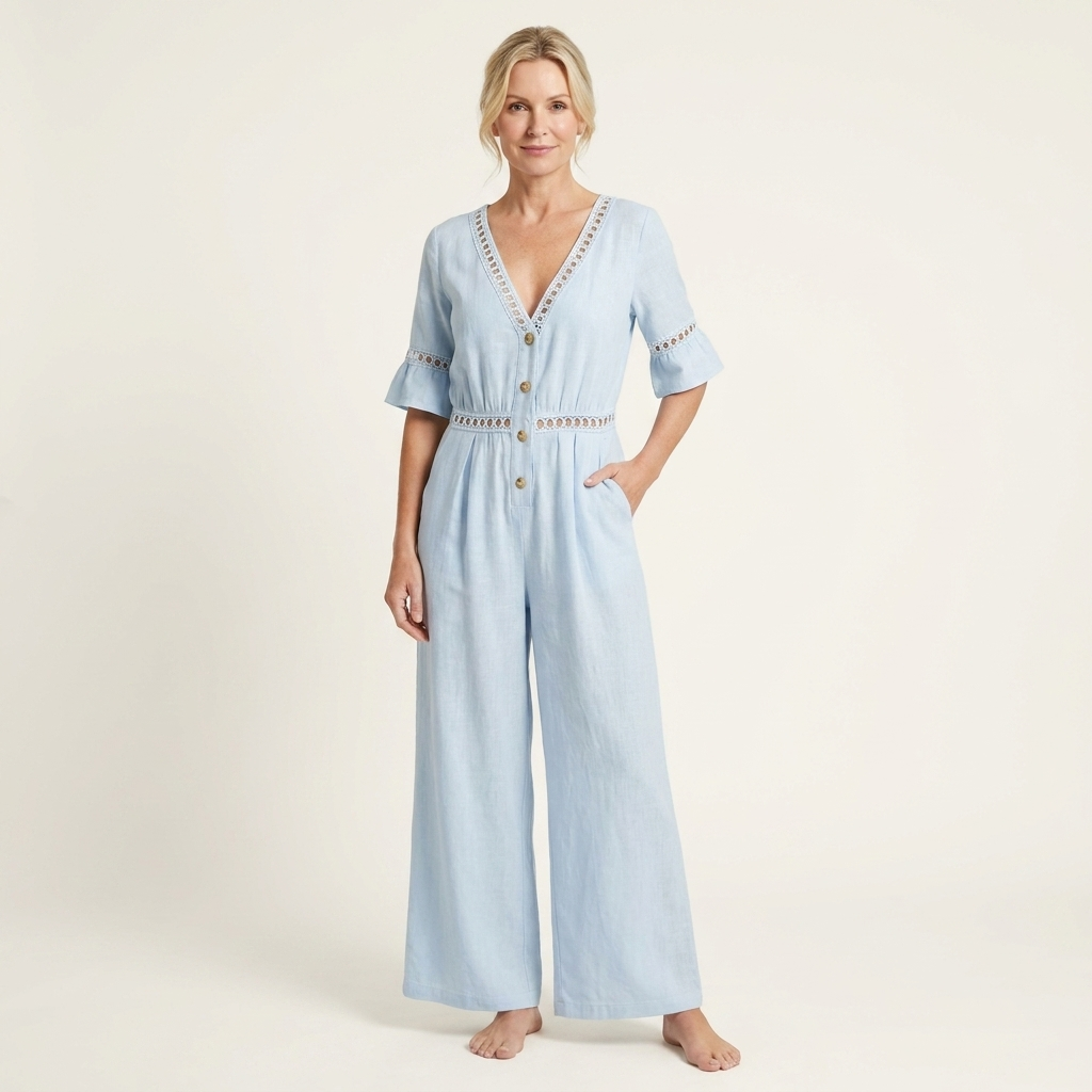 Kayle | Deep V-Neck Button-Front Lace-Trim Wide-Leg Jumpsuit