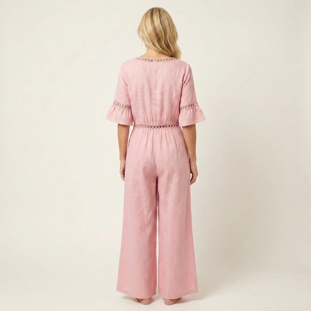 Kayle | Deep V-Neck Button-Front Lace-Trim Wide-Leg Jumpsuit