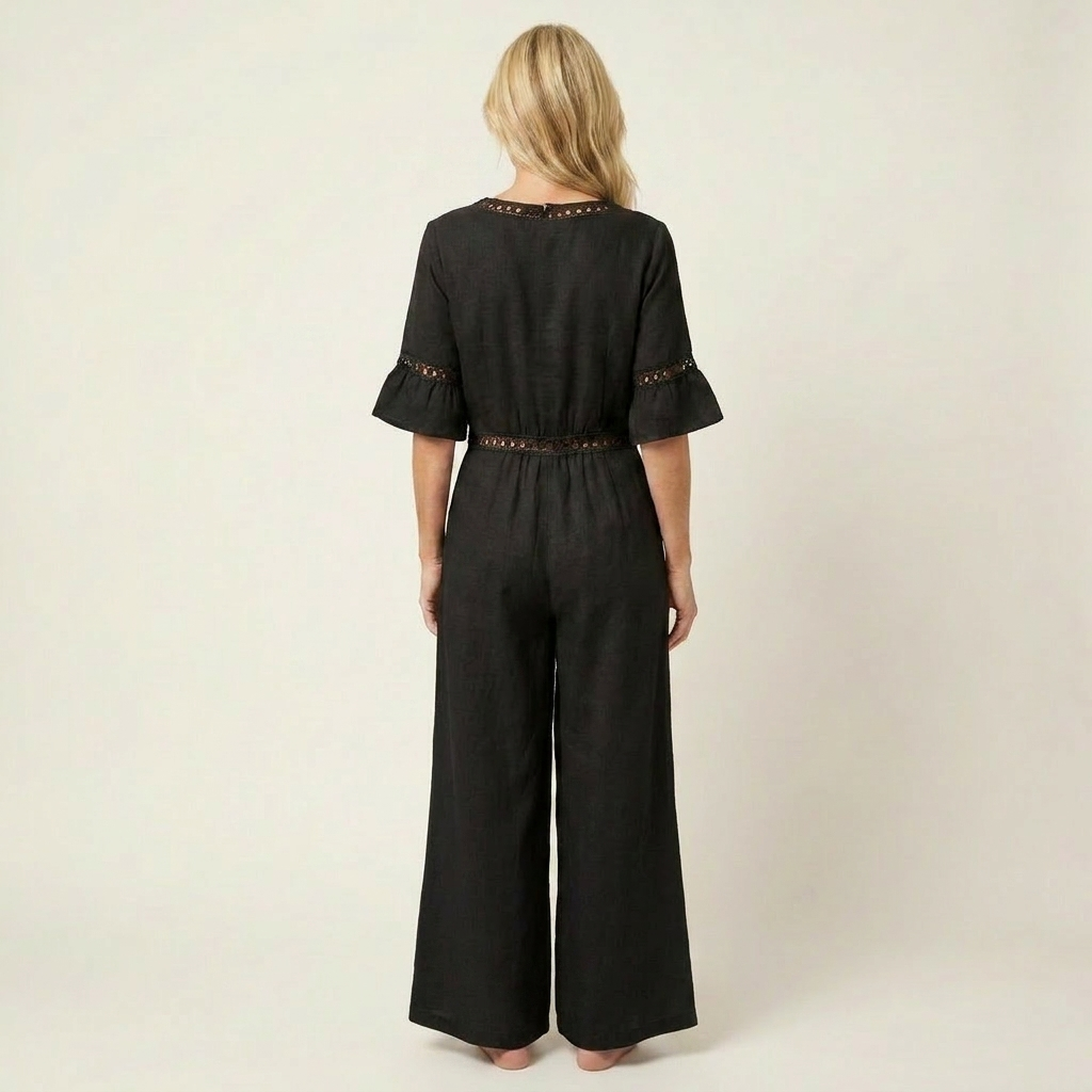 Kayle | Deep V-Neck Button-Front Lace-Trim Wide-Leg Jumpsuit