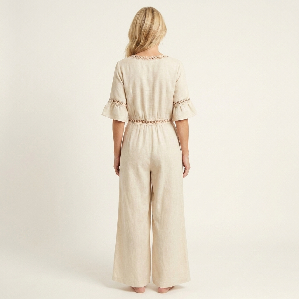 Kayle | Deep V-Neck Button-Front Lace-Trim Wide-Leg Jumpsuit