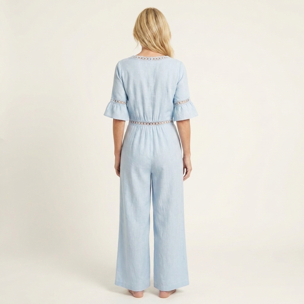 Kayle | Deep V-Neck Button-Front Lace-Trim Wide-Leg Jumpsuit