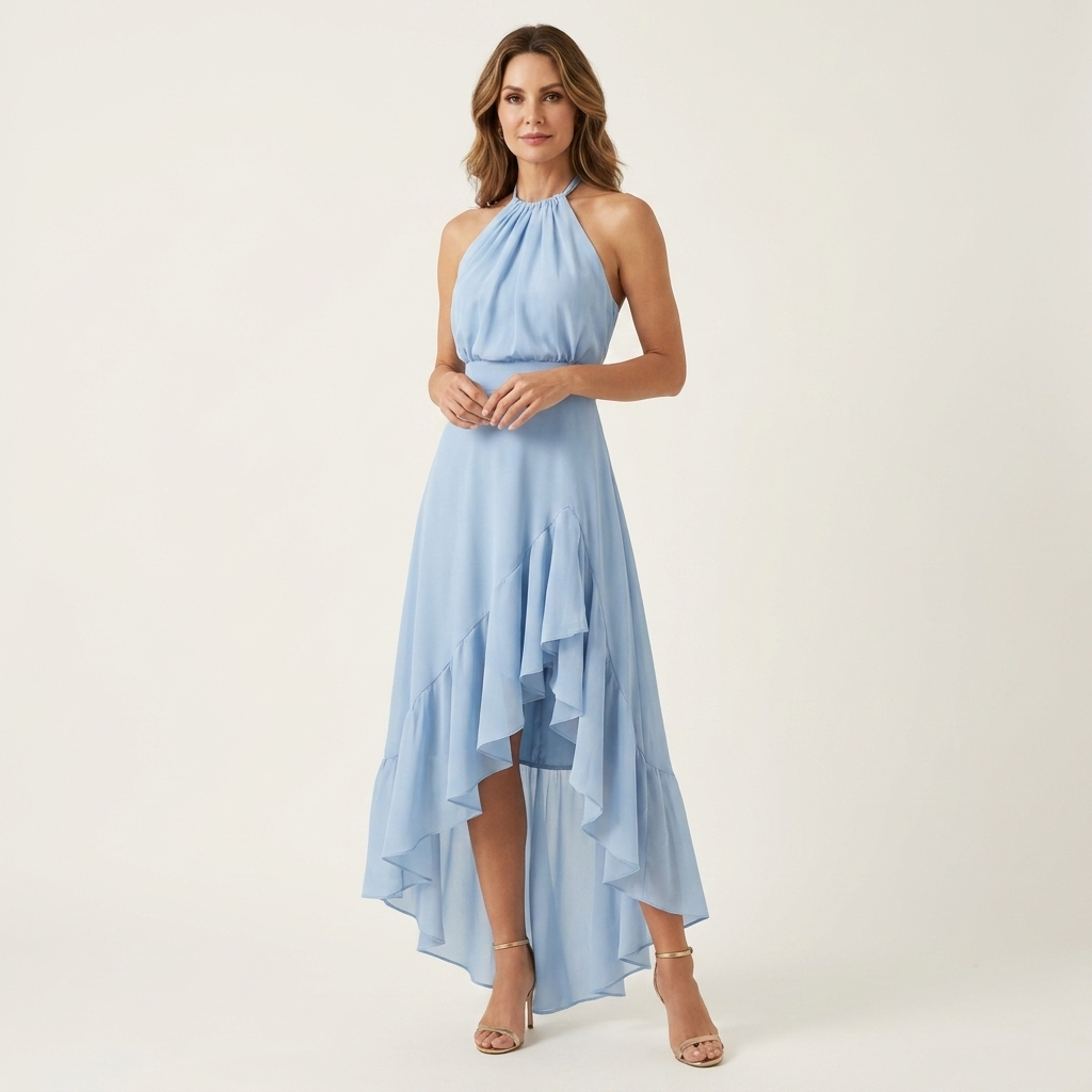 Leandra | Halter-Neck Ruffle-Skirt Asymmetric Hi-Low Maxi Dress
