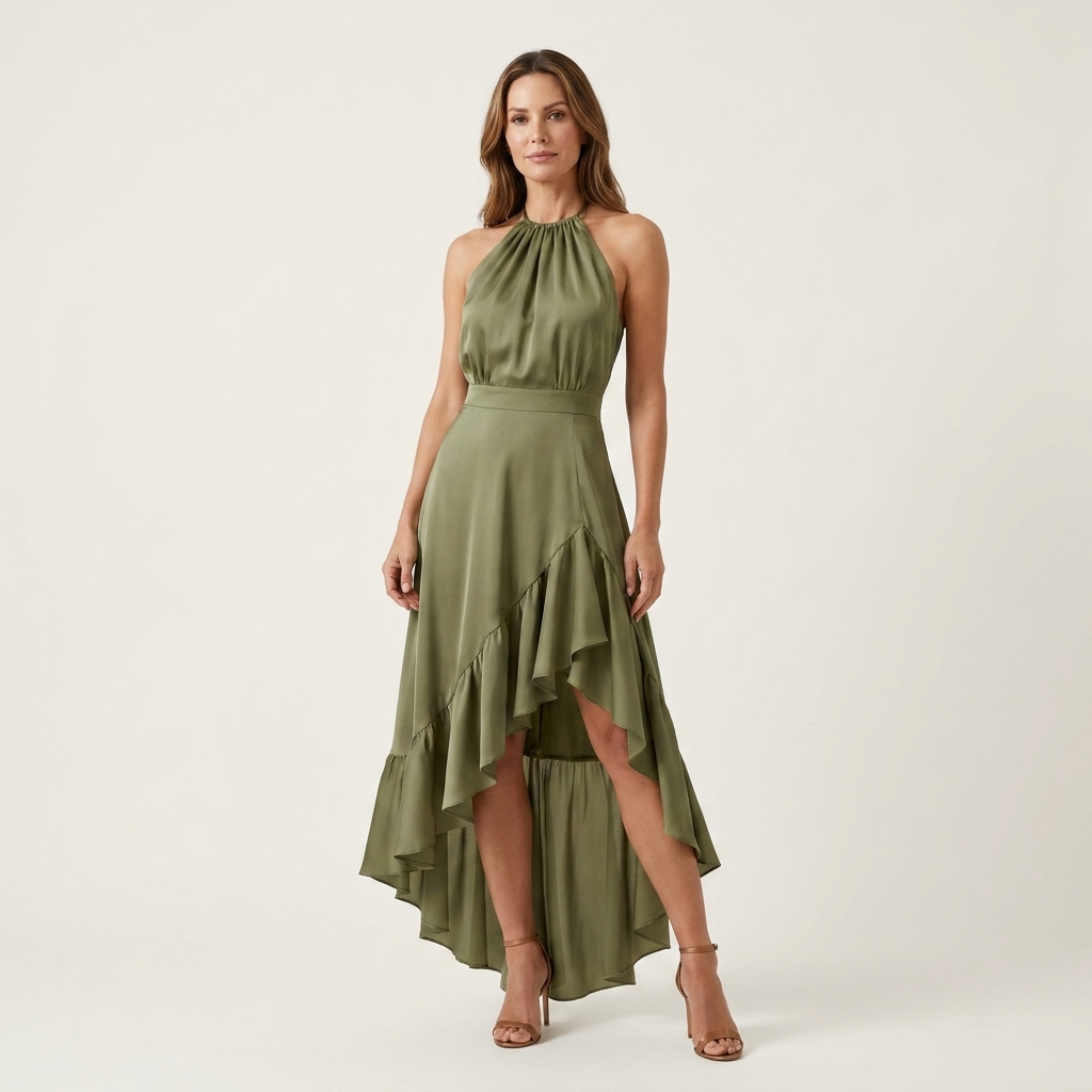 Leandra | Halter-Neck Ruffle-Skirt Asymmetric Hi-Low Maxi Dress