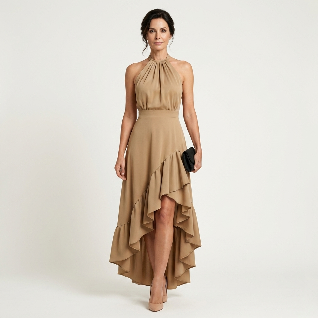 Leandra | Halter-Neck Ruffle-Skirt Asymmetric Hi-Low Maxi Dress