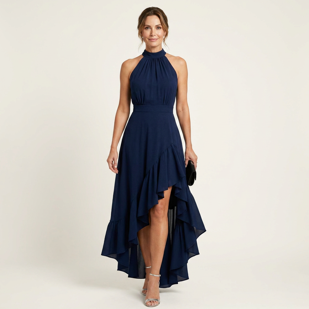Leandra | Halter-Neck Ruffle-Skirt Asymmetric Hi-Low Maxi Dress