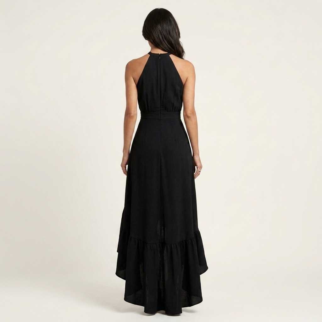 Leandra | Halter-Neck Ruffle-Skirt Asymmetric Hi-Low Maxi Dress