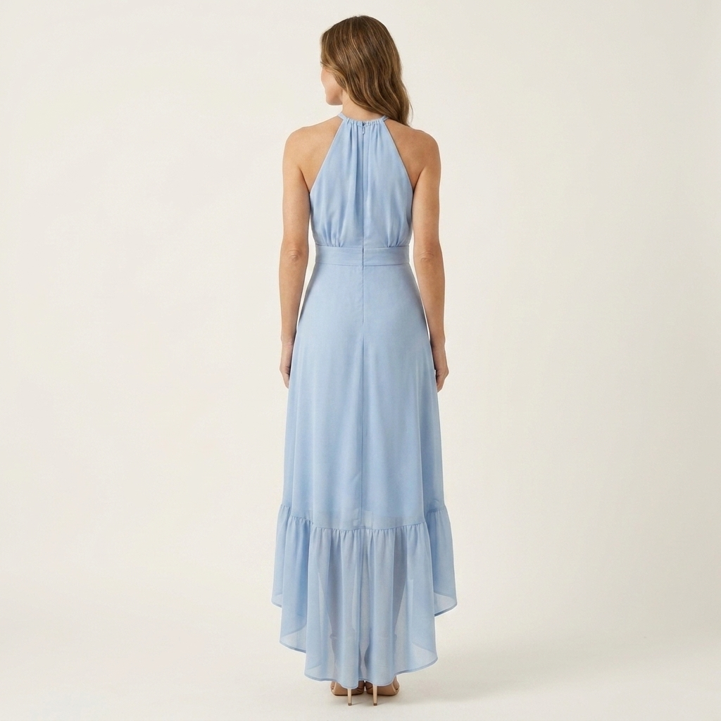 Leandra | Halter-Neck Ruffle-Skirt Asymmetric Hi-Low Maxi Dress