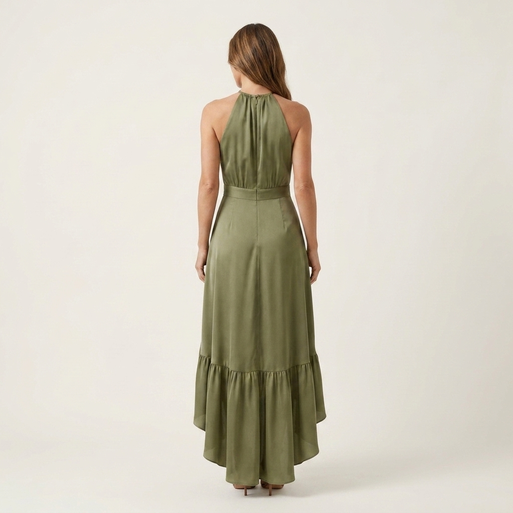 Leandra | Halter-Neck Ruffle-Skirt Asymmetric Hi-Low Maxi Dress