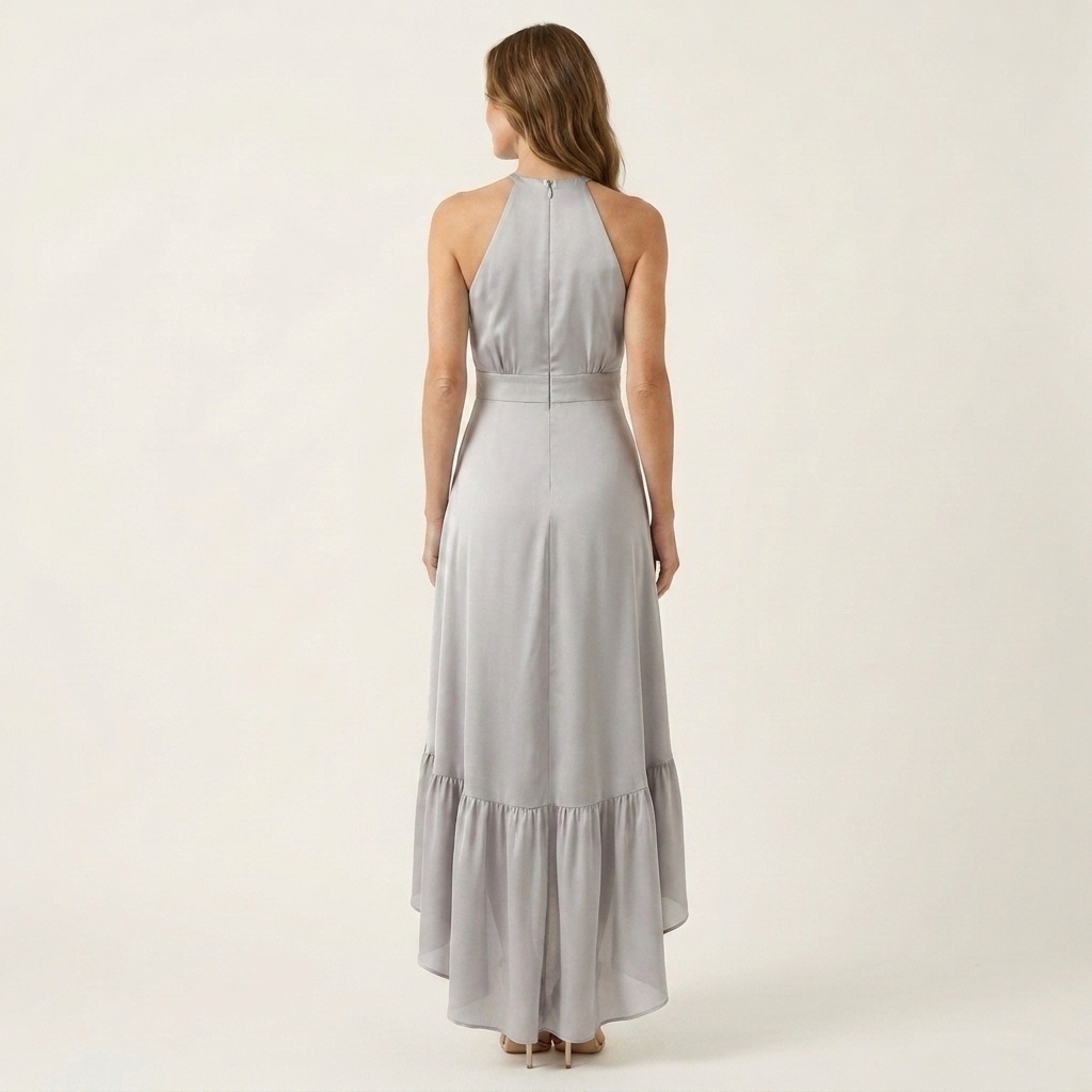 Leandra | Halter-Neck Ruffle-Skirt Asymmetric Hi-Low Maxi Dress