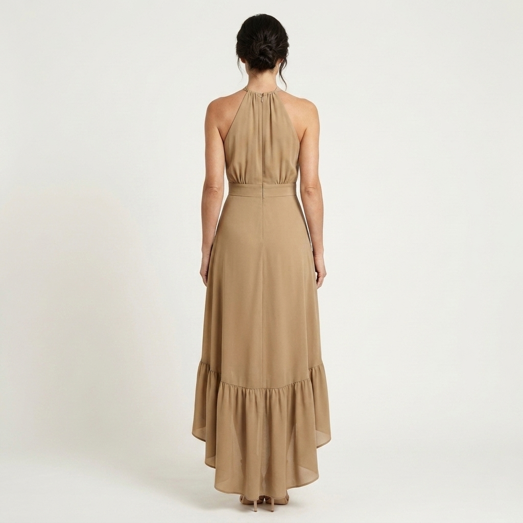 Leandra | Halter-Neck Ruffle-Skirt Asymmetric Hi-Low Maxi Dress