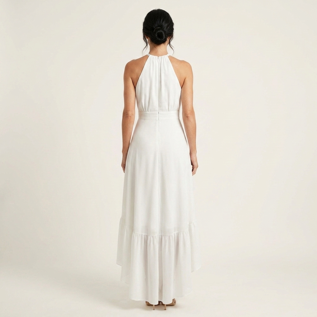 Leandra | Halter-Neck Ruffle-Skirt Asymmetric Hi-Low Maxi Dress
