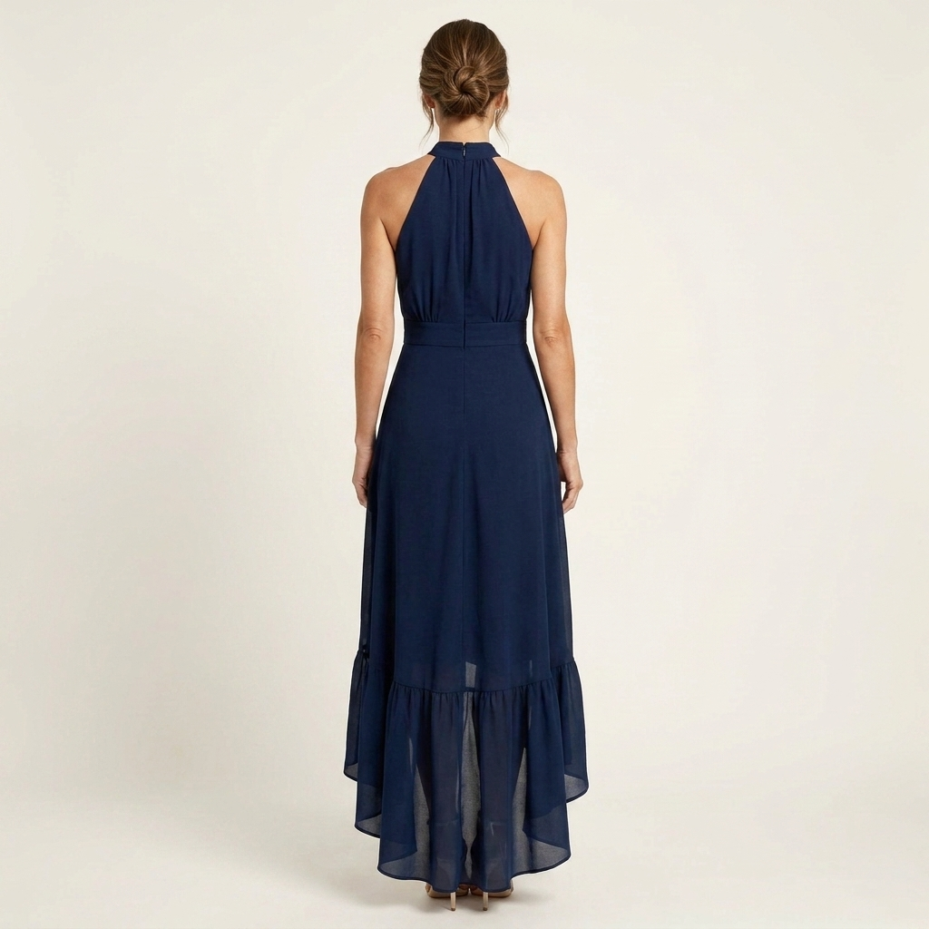 Leandra | Halter-Neck Ruffle-Skirt Asymmetric Hi-Low Maxi Dress