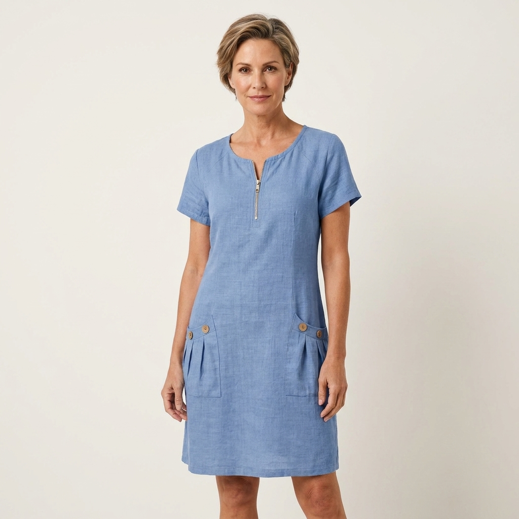 Angelina | Zip-Neck Short-Sleeve Button-Pocket Cotton-Linen Mini Dress