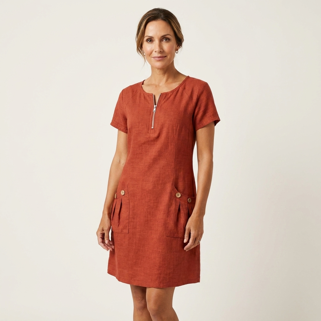 Angelina | Zip-Neck Short-Sleeve Button-Pocket Cotton-Linen Mini Dress