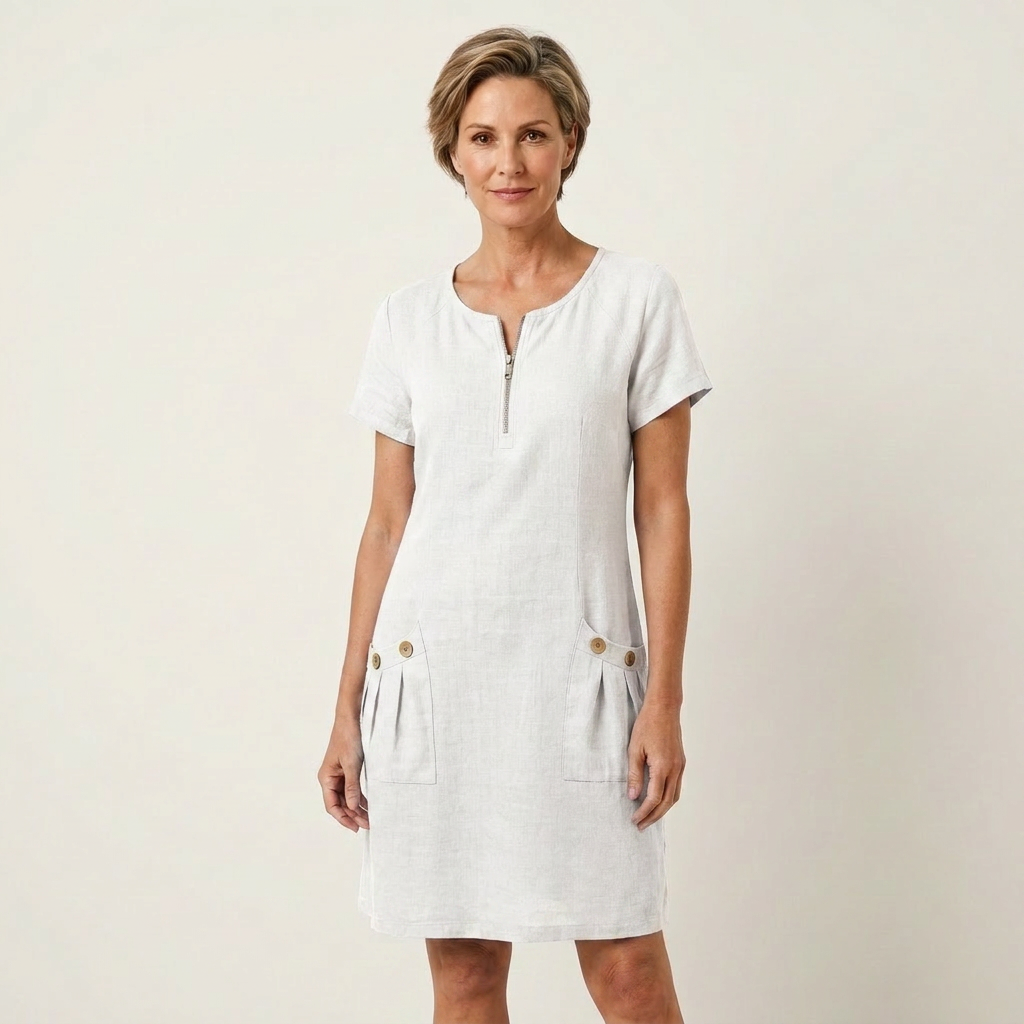 Angelina | Zip-Neck Short-Sleeve Button-Pocket Cotton-Linen Mini Dress