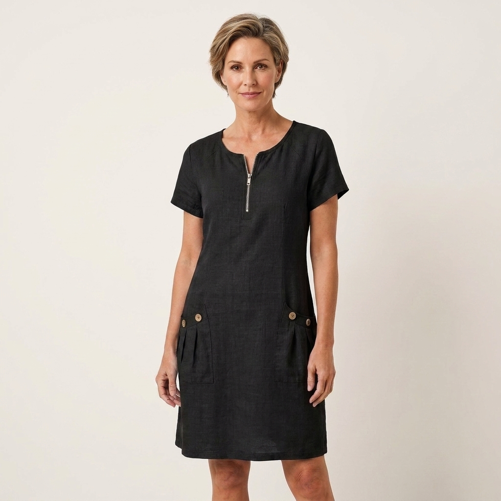 Angelina | Zip-Neck Short-Sleeve Button-Pocket Cotton-Linen Mini Dress