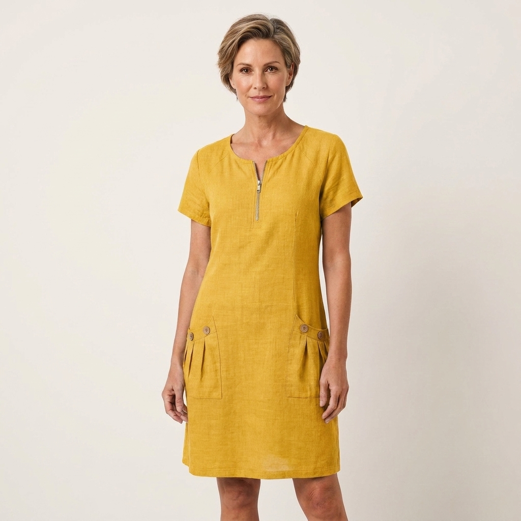 Angelina | Zip-Neck Short-Sleeve Button-Pocket Cotton-Linen Mini Dress