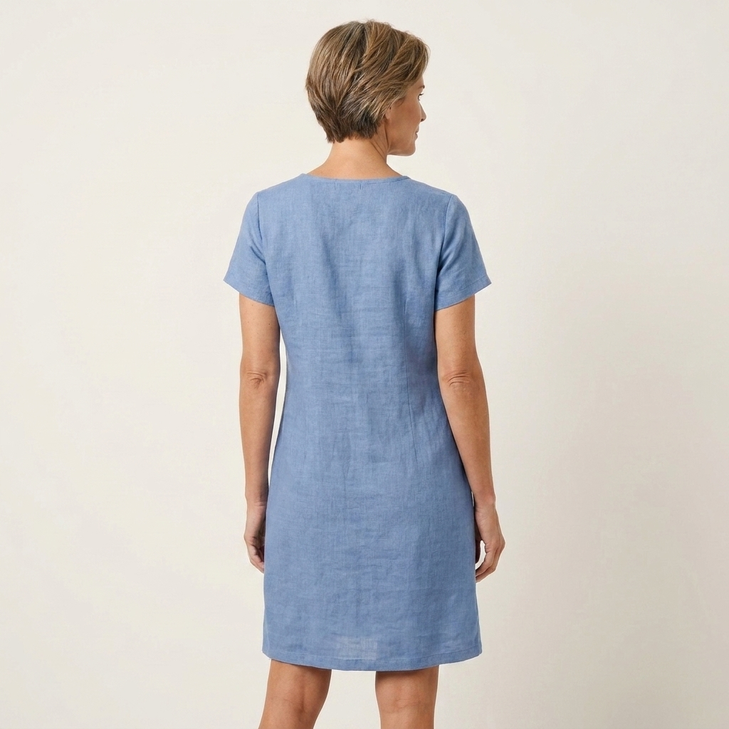 Angelina | Zip-Neck Short-Sleeve Button-Pocket Cotton-Linen Mini Dress