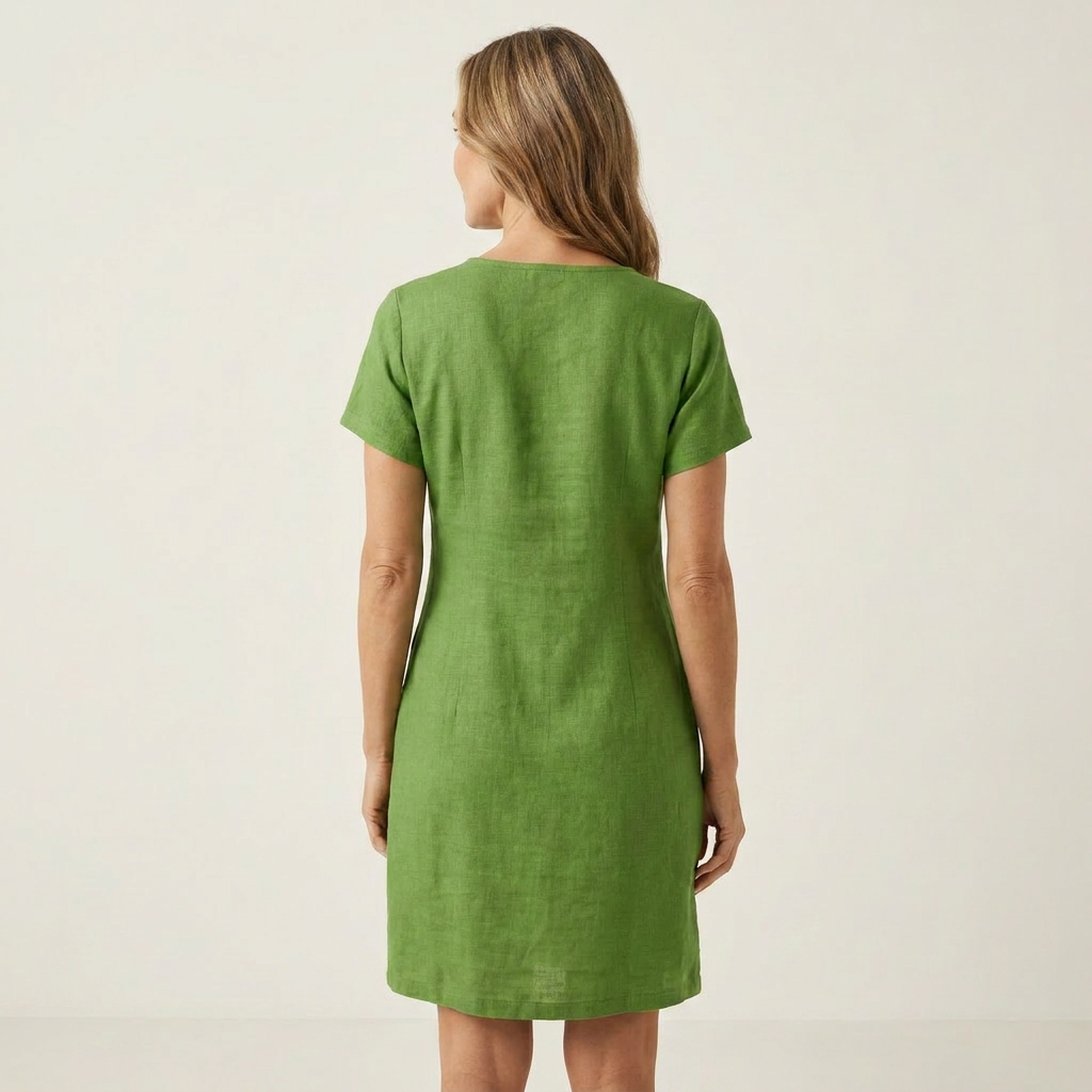 Angelina | Zip-Neck Short-Sleeve Button-Pocket Cotton-Linen Mini Dress