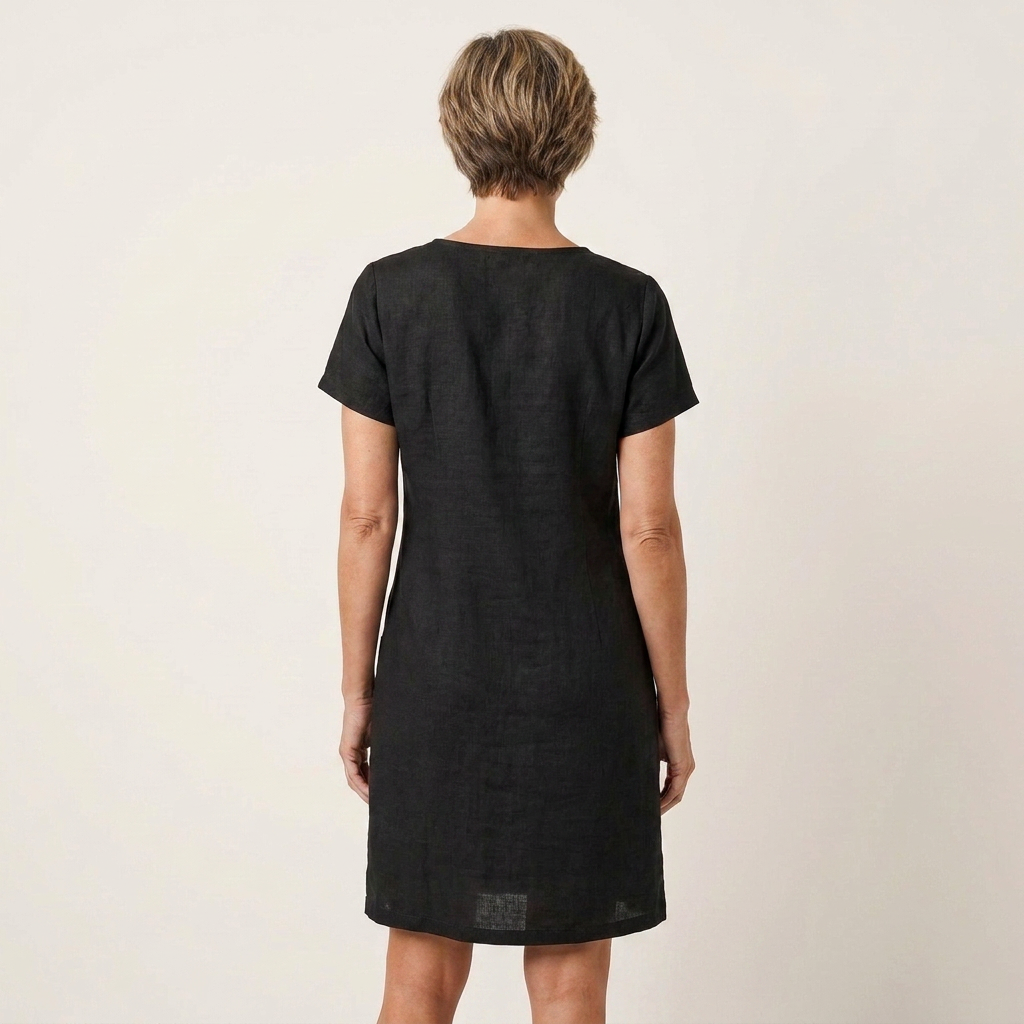 Angelina | Zip-Neck Short-Sleeve Button-Pocket Cotton-Linen Mini Dress