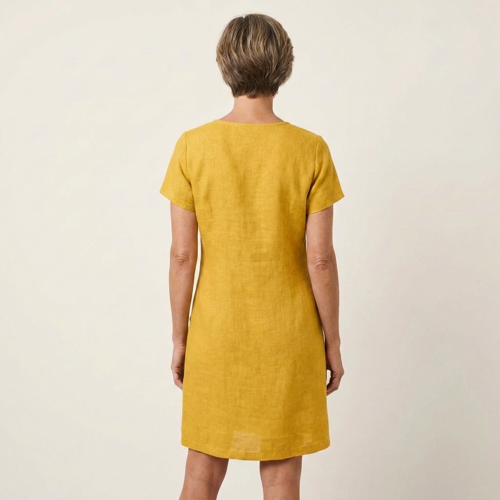 Angelina | Zip-Neck Short-Sleeve Button-Pocket Cotton-Linen Mini Dress