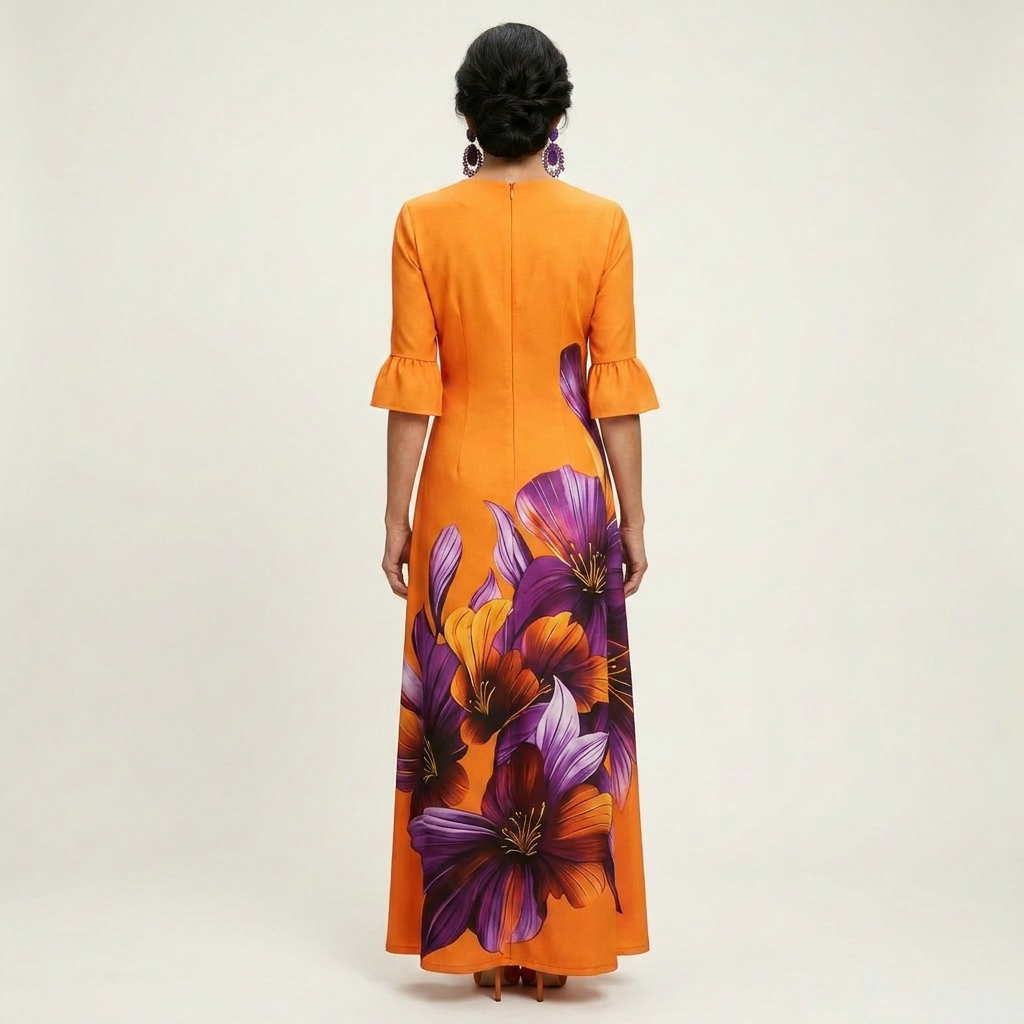 Esmeralda | Round-Neck Flutter-Sleeve Floral-Print Fitted Maxi Dress