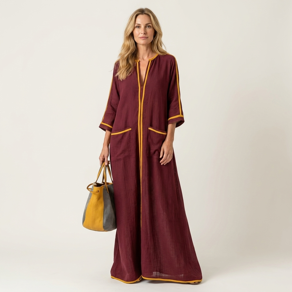 Kaelen | Contrast-Trim V-Neck Three-Quarter Sleeve Linen Maxi Dress