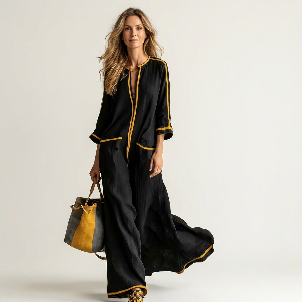 Kaelen | Contrast-Trim V-Neck Three-Quarter Sleeve Linen Maxi Dress
