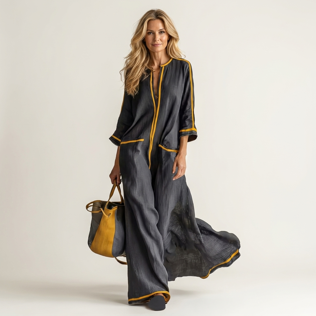 Kaelen | Contrast-Trim V-Neck Three-Quarter Sleeve Linen Maxi Dress