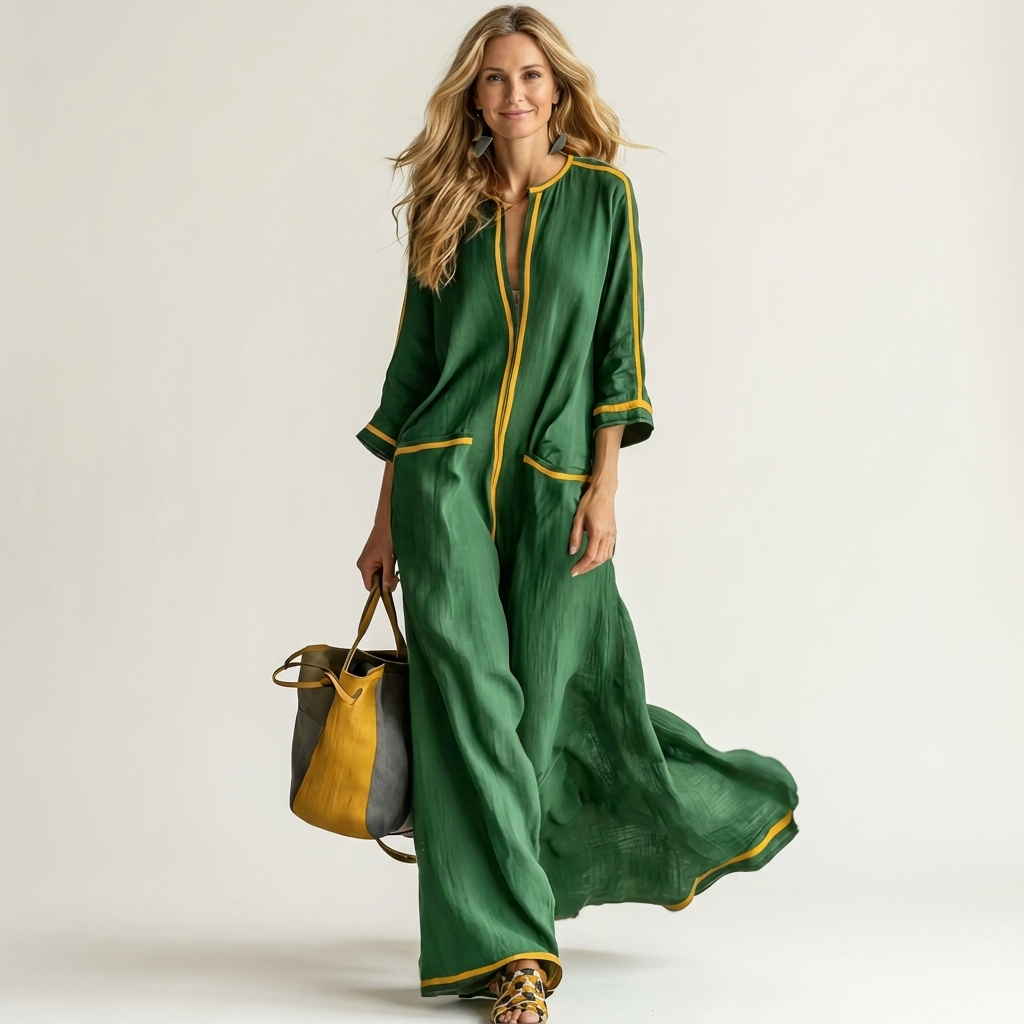 Kaelen | Contrast-Trim V-Neck Three-Quarter Sleeve Linen Maxi Dress